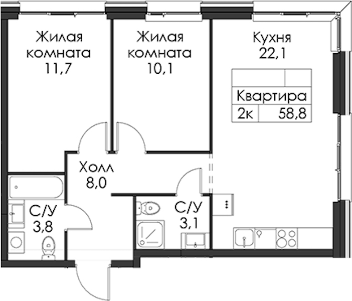 2-комнатная квартира 58.8 м², 5/12 эт., ЖК «Шкиперский 19»